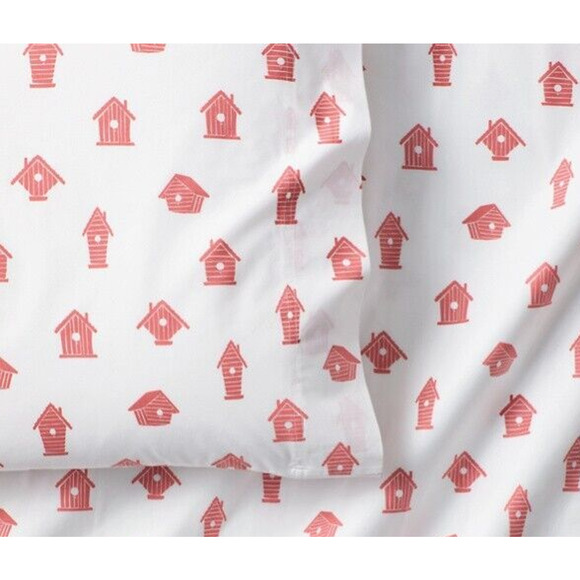 Garnet Hill King Pillowcases Set Garden Birdhouse Summer Bedding Orange White - Picture 4 of 5